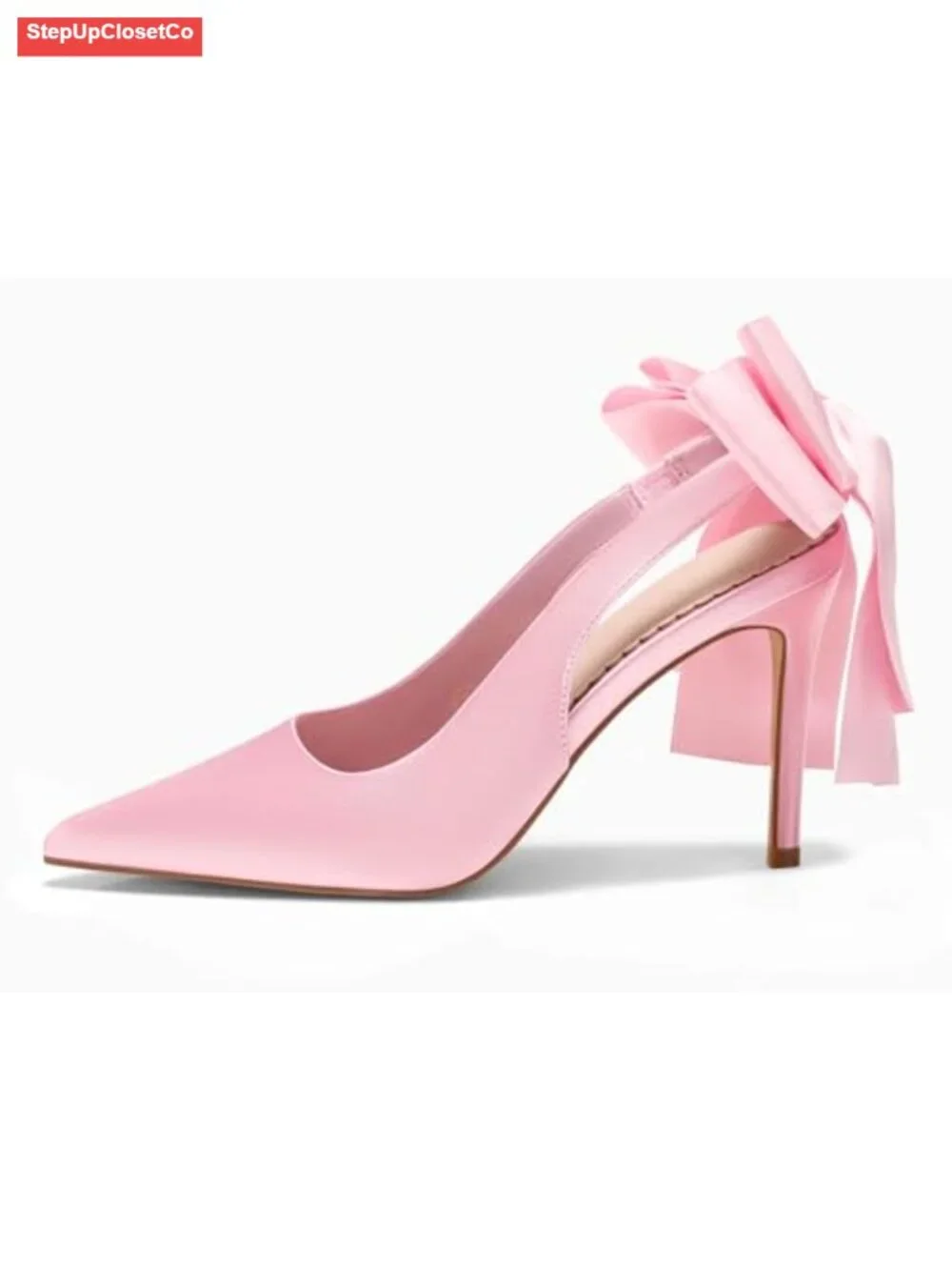 Satin Slingback Pumps with Bow Closed Pointed Toe Stiletto Heels Bridal Dress